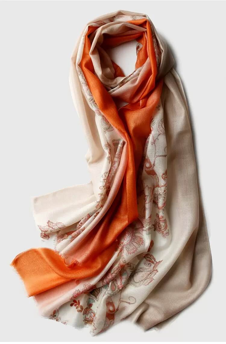 100% Cashmere Ombre Printed Scarf in Orange Pink Gradient