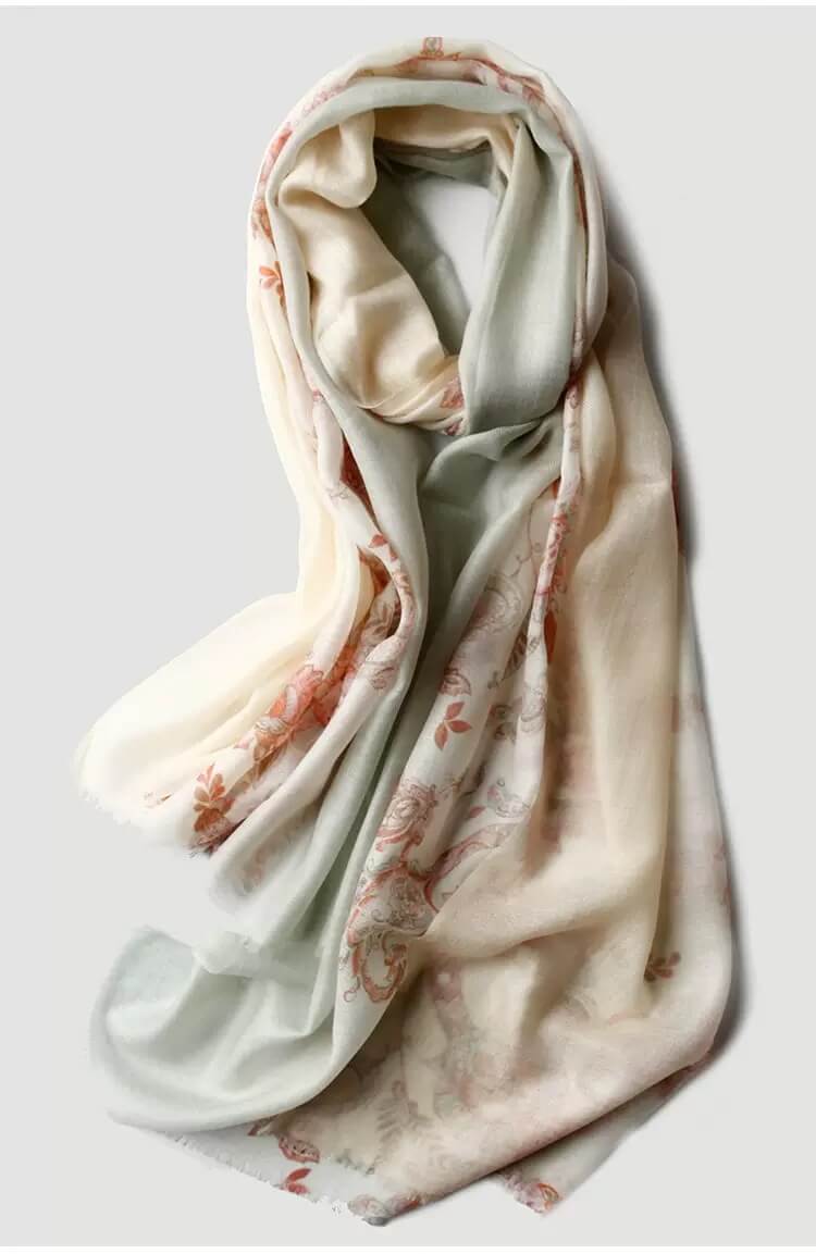 Gradient Cashmere Wrap with Delicate Center Print.Ultra-Light 100% Cashmere Scarf for All Seasons