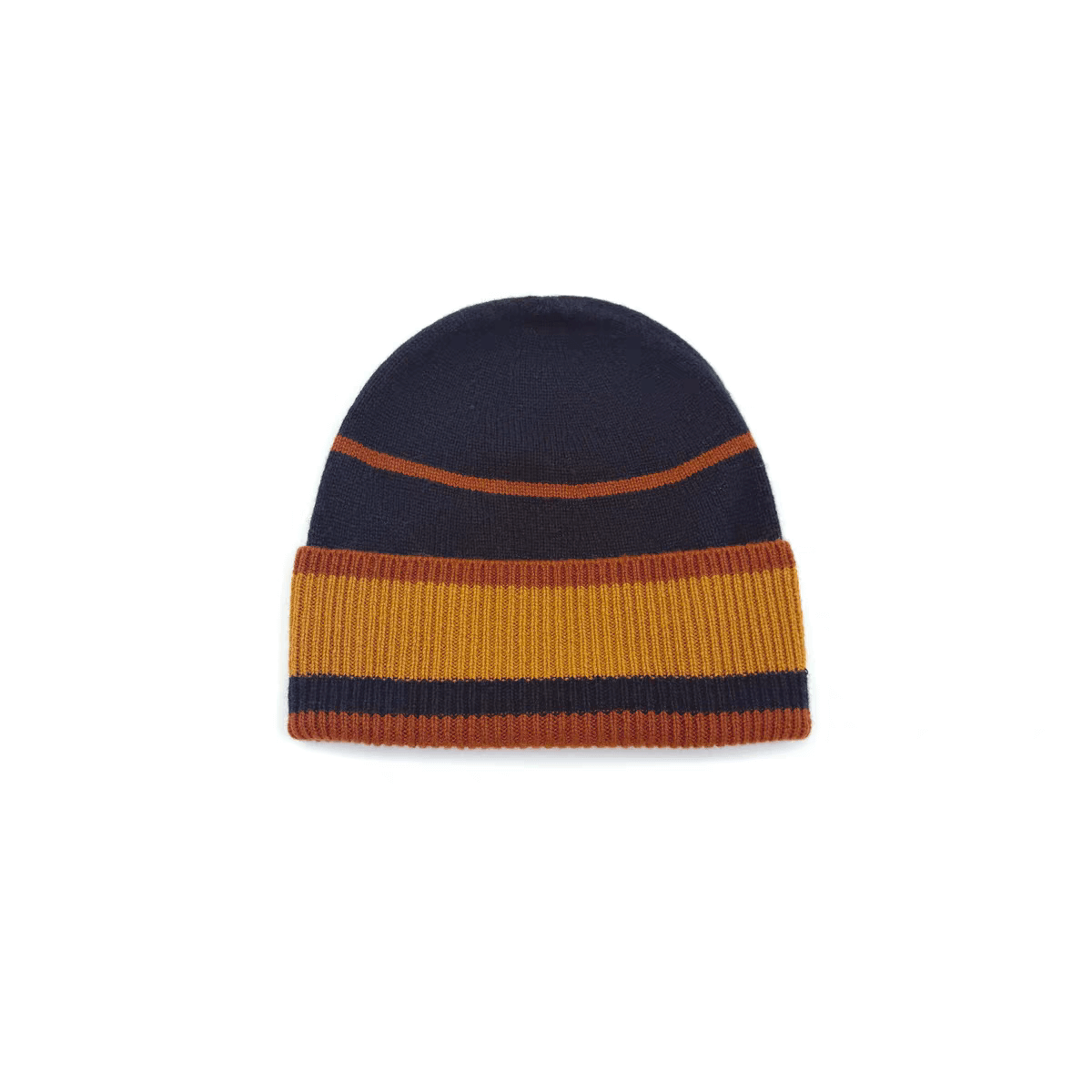 Navy and orange striped beanie on a white background,Italian-Designed Colorful Knit Luxurious 100% Cashmere Beanie