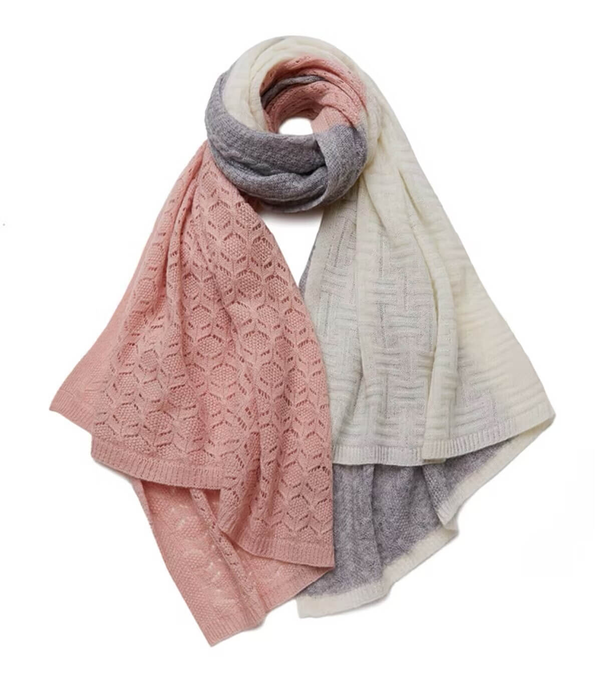 Tri-color cashmere-wool blend scarf wrap draped over a wooden bench, showcasing cable-knit texture, lace panels, and oversized 170cm length.