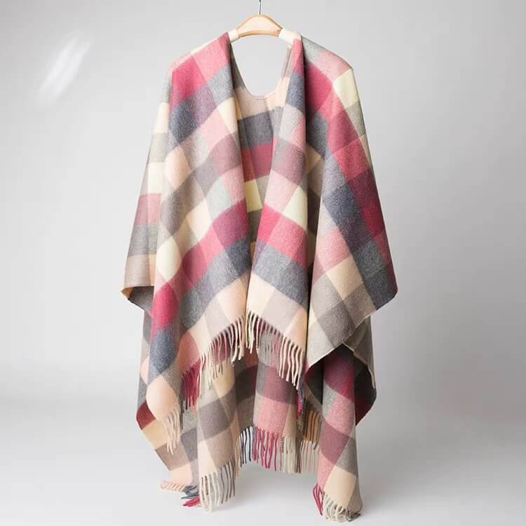 English plaid cashmere cape in candy red color