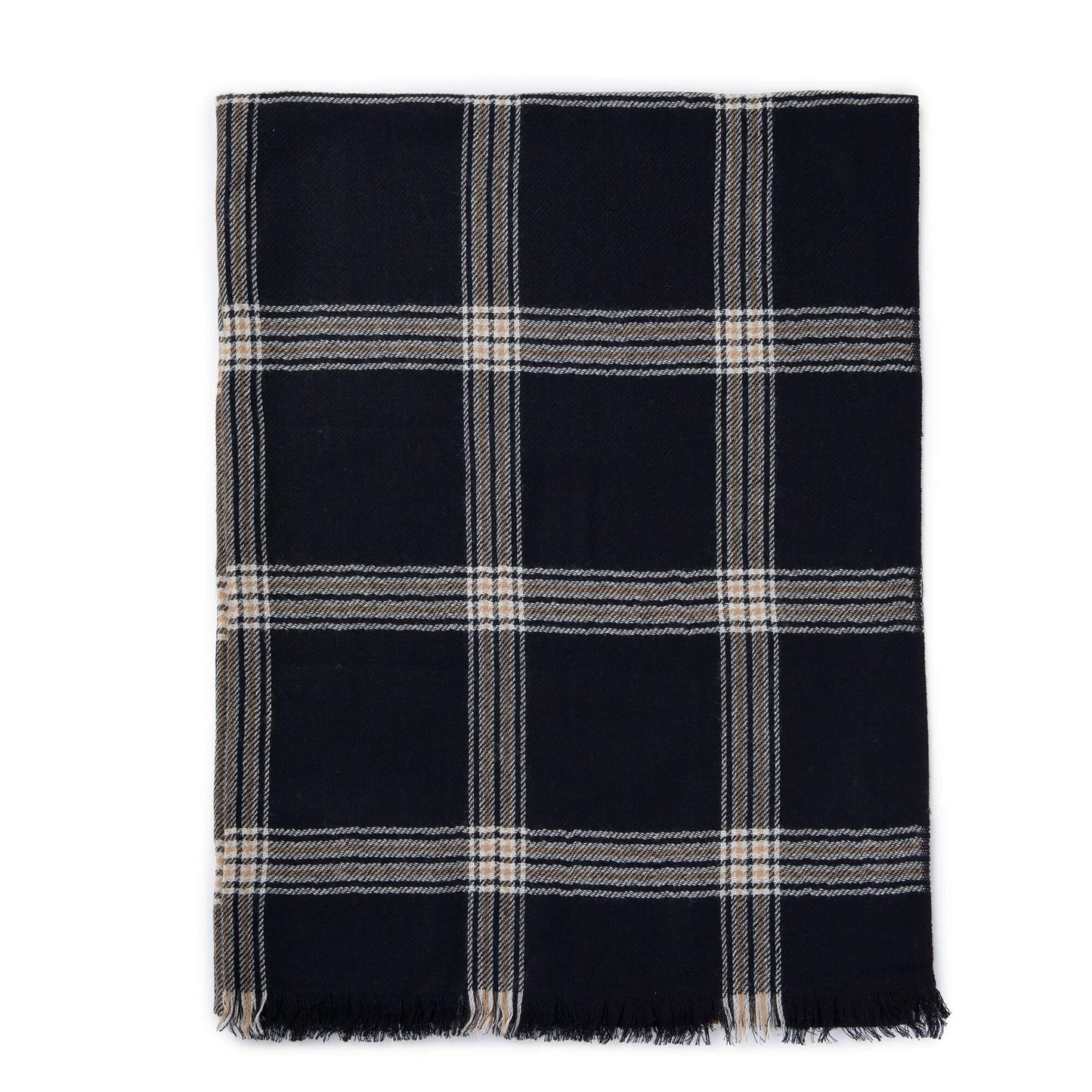 100% Cashmere Double-Sided Scarf – Navy Blue Stripes Black Plaid, Thick Woven Winter Shawl