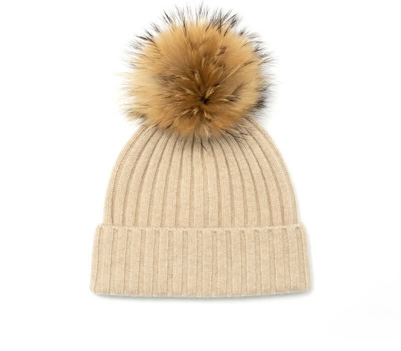 beige color women's 100% cashmere pom pom beanie hats