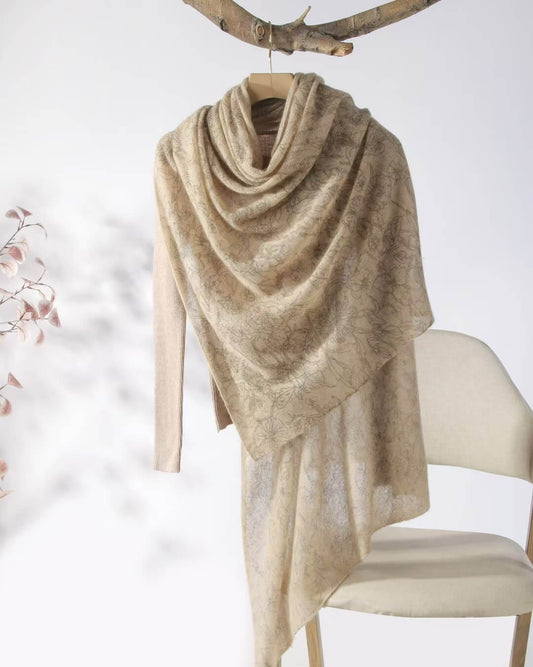 women's cashmere print Travel Wrap in begie 