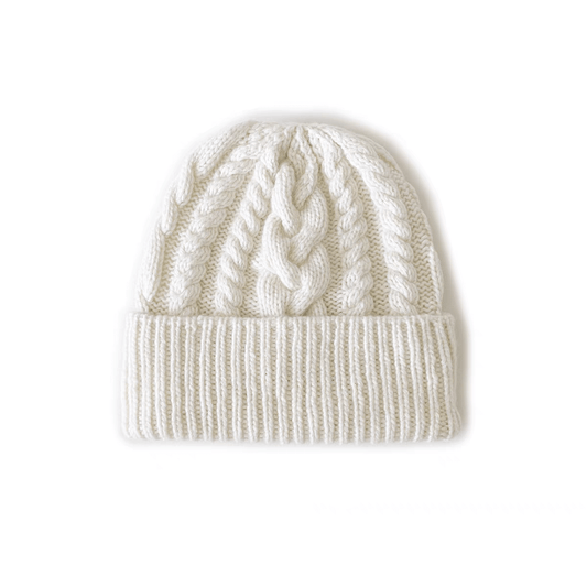 Luxurious Women's 100% White Cashmere Cable-Knit Beanie in pure white