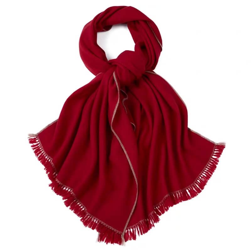 Soft red cashmere scarf 200×60cm with elegant drape and handmade tassels”