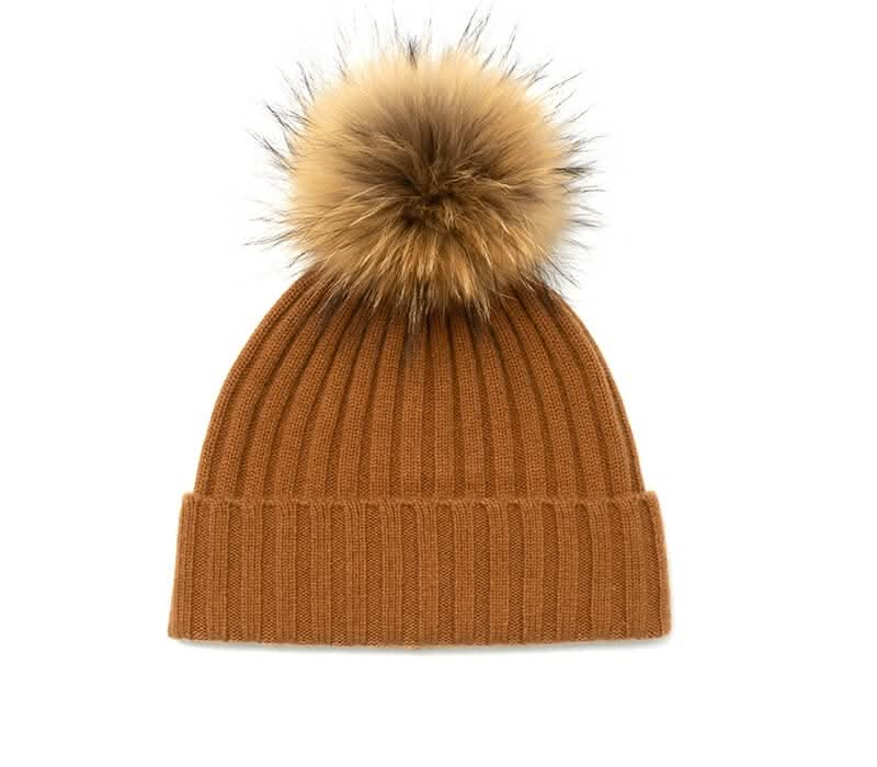 cashmere pom pom ribbed beanie hats in pumpkin brown