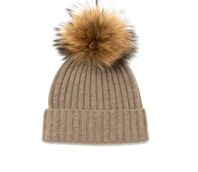 camel color 100% cashmere pom pom ribbed beanie hats