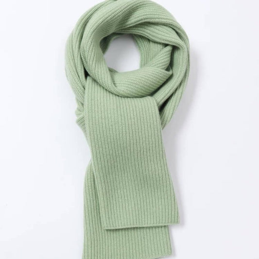 Women's Light mint green 100% pure cashmere ribbed scarf on a white background