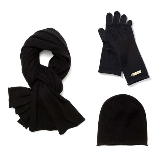 women's cashmere gift hat, glove,scarf set in black  shop holiday gift set on sale