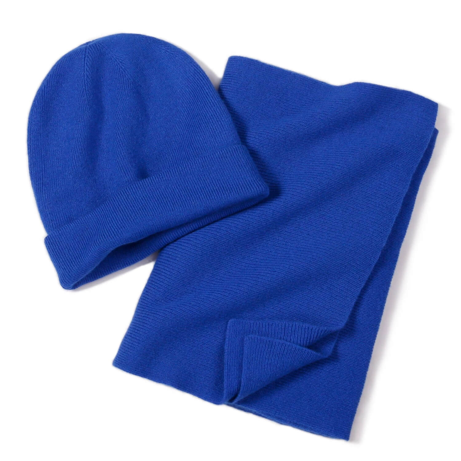 100% Cashmere Hat and Scarf Set Unisex Fine Rib Knit in blue