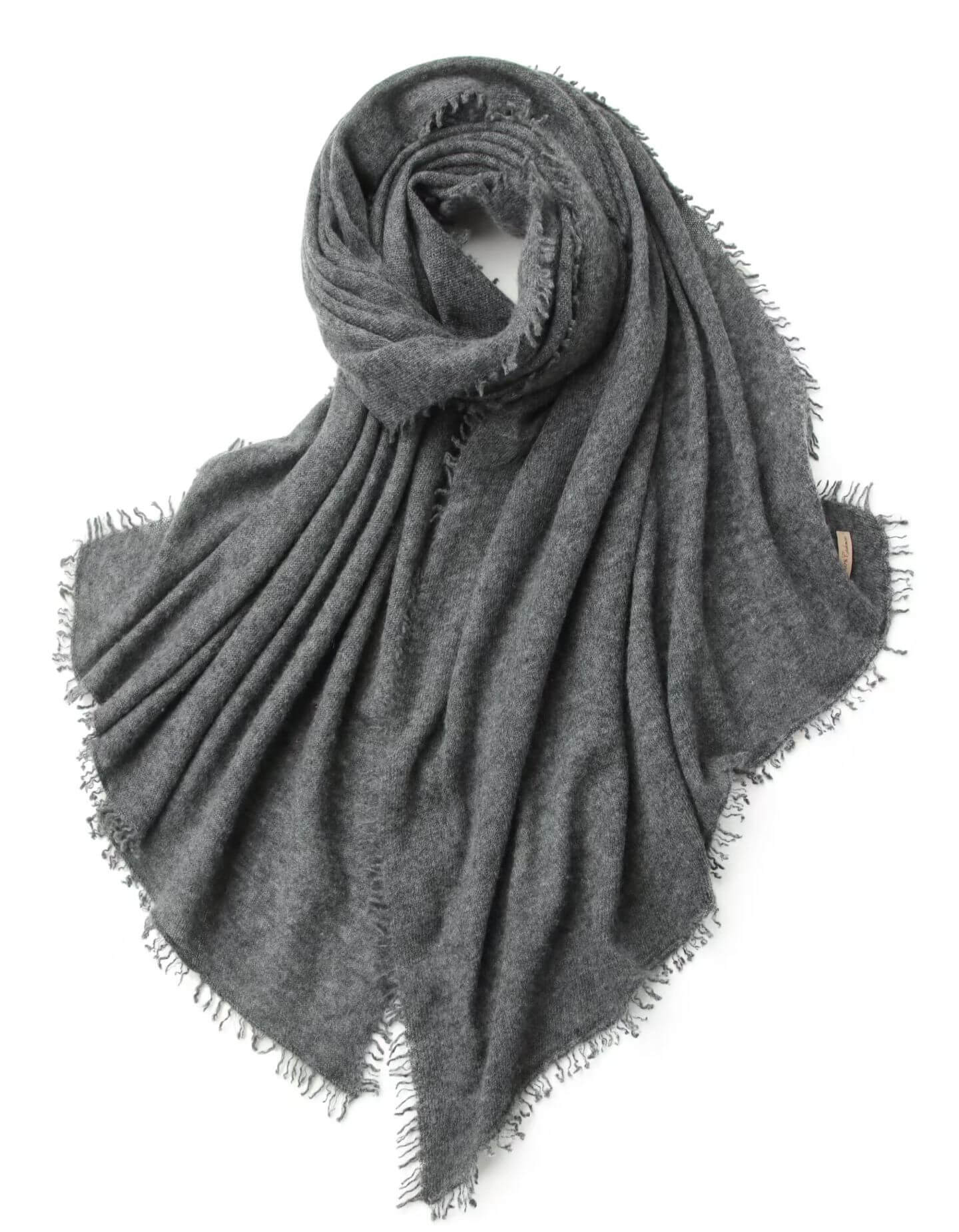100% Cashmere Lightweight Knit Scarf with Hand-Twisted Fringes in dark grey