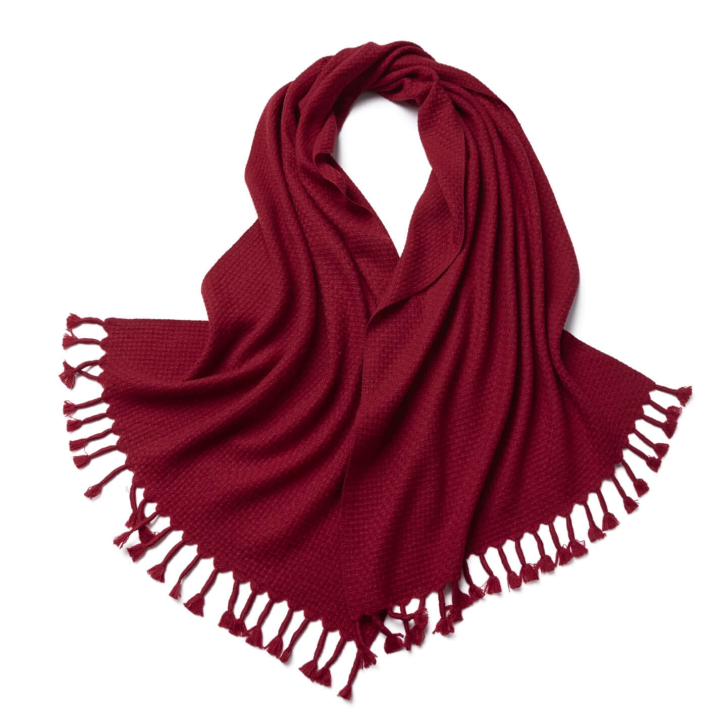 	100% cashmere jacquard scarf with handmade tassels in red