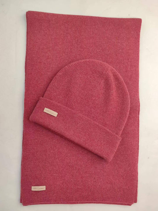 100% Cashmere Hat and Scarf Set Unisex Fine Rib Knit in rose red