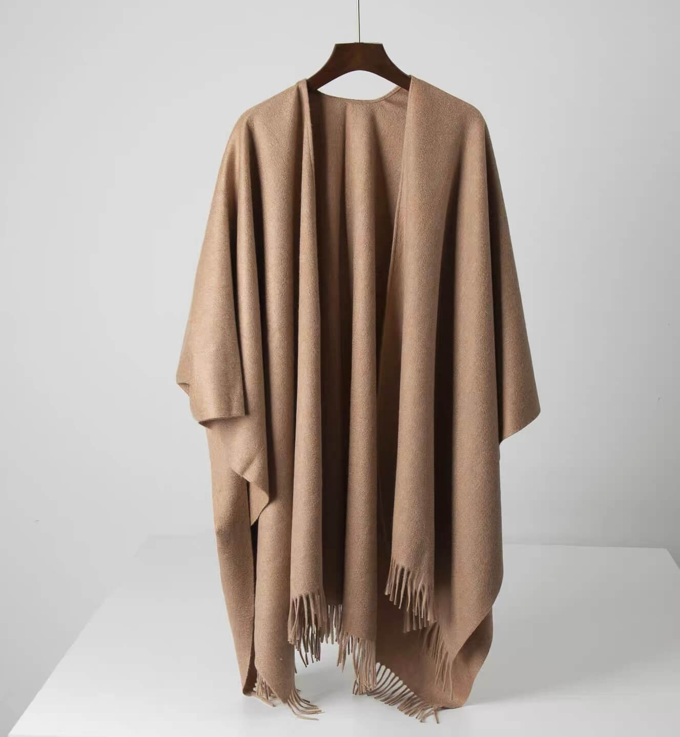 100% Cashmere Shawl Cape with U-Neckline, camel color cashmere poncho 