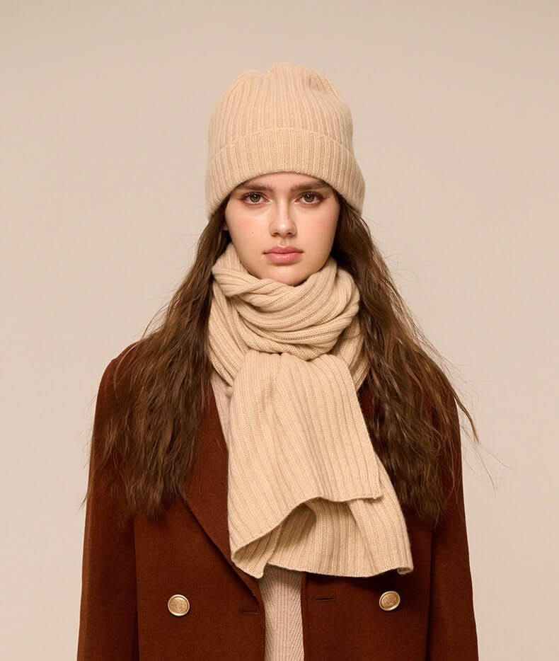 women's cashmere beanies and scarf set in beige color, winter must have