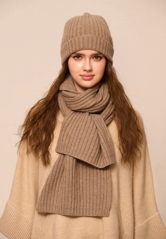 women's cashmere beanies and scarf set in camel color, winter must have,shop holiday gift set on sale