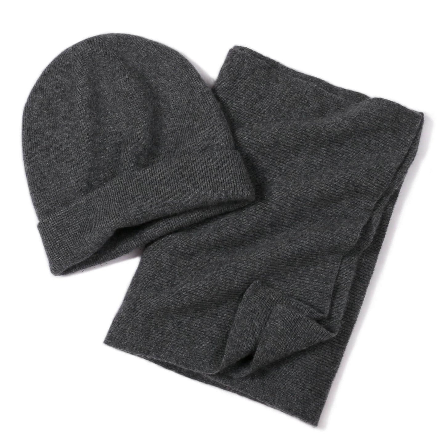 100% Cashmere Hat and Scarf Set Unisex Fine Rib Knit in charcoal grey