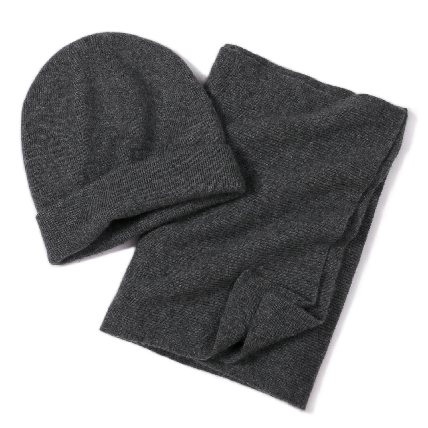 100% Cashmere Hat and Scarf Set Unisex Fine Rib Knit in charcoal grey