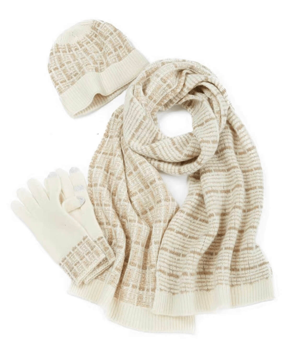 Luxury Women’s 100% Cashmere Plaid Beanie, Gloves  Scarf Set