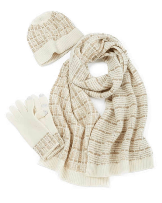 Luxury Women’s 100% Cashmere Plaid Beanie, Gloves  Scarf Set
