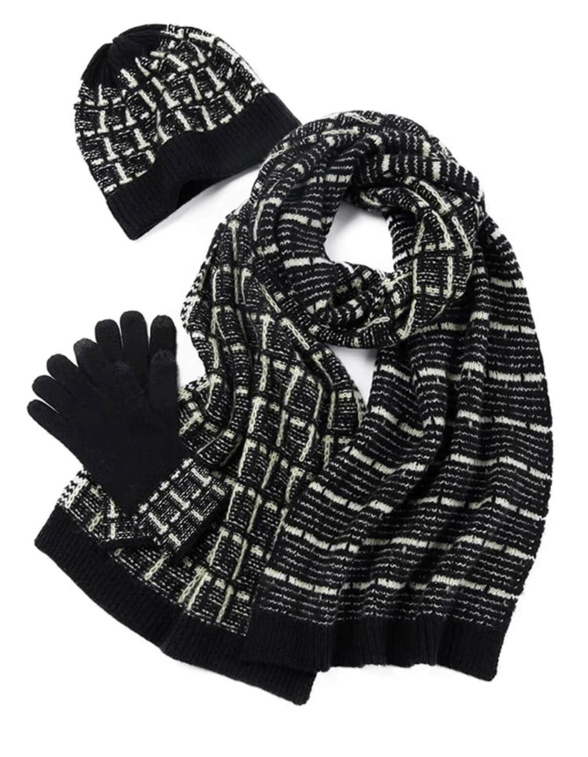 Luxury Women’s 100% Cashmere Plaid Beanie, Gloves  Scarf Set