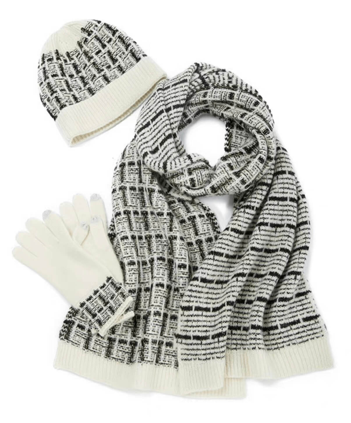 Luxury Women’s 100% Cashmere Plaid Beanie, Gloves  Scarf Set