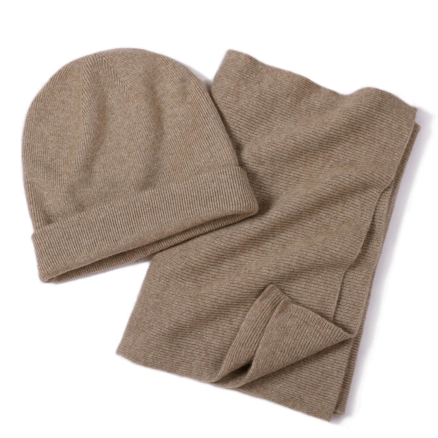 100% Cashmere Hat and Scarf Set Unisex Fine Rib Knit  in camel