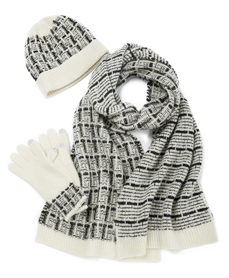 women's cashmere beanie hat and glove and scarf set in white