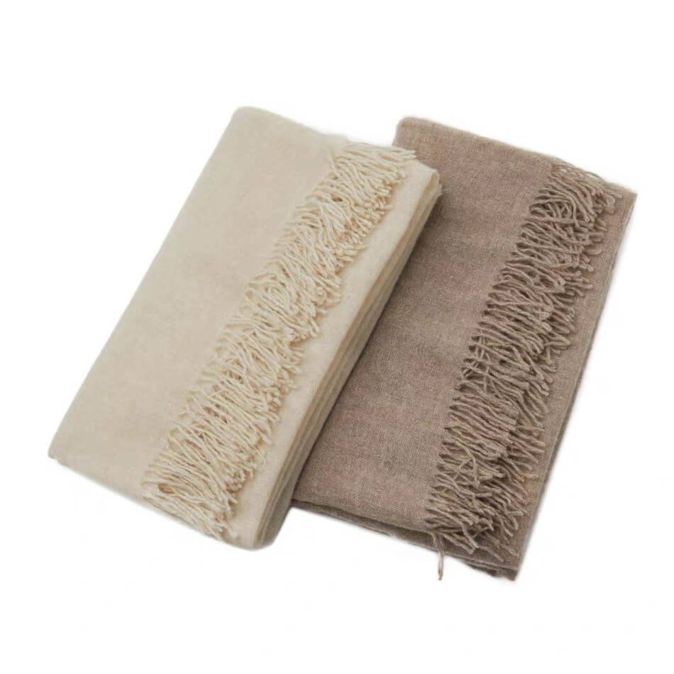 	Premium undyed cashmere shawl styled as a large winter wrap