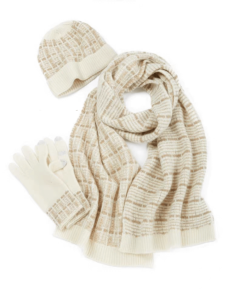 women's cashmere beanie hat and glove and scarf set in beige 