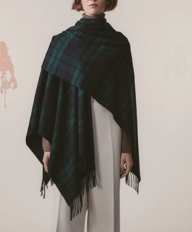 English plaid cashmere poncho cape in forest green and navy