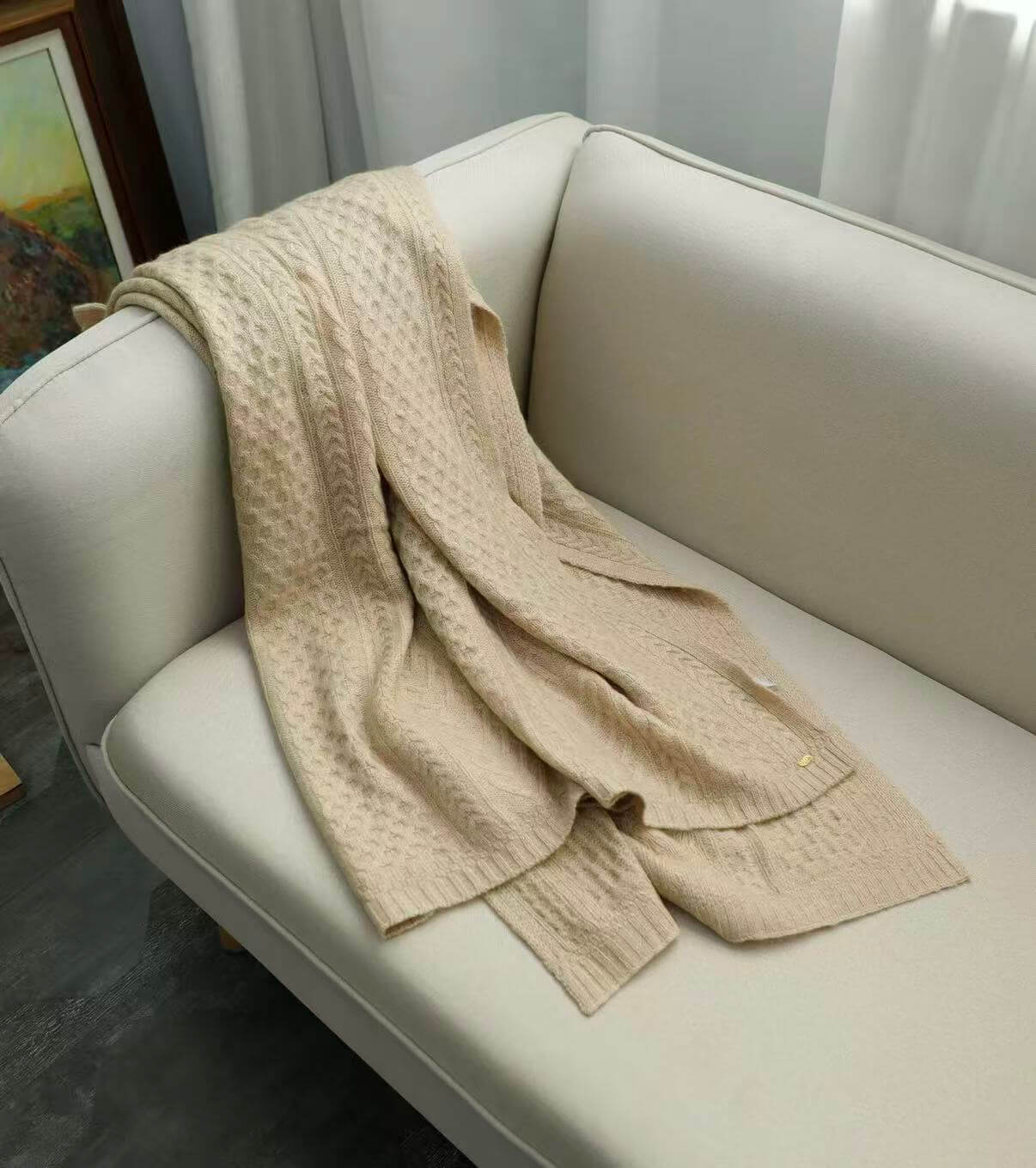 Luxury 100% Cashmere Cable Knit Shawl Scarf in beige color