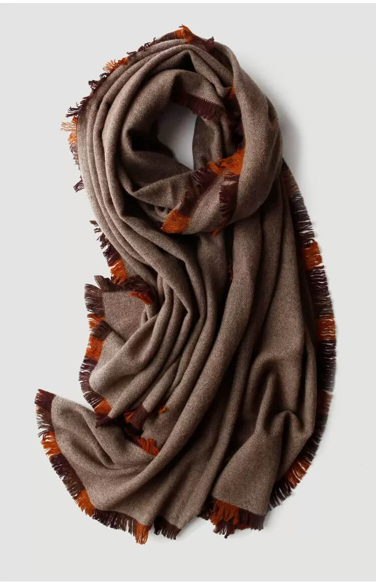 100% Cashmere Woven Shawl for Women in Camel – Contrast Edge Lightweight Wrap