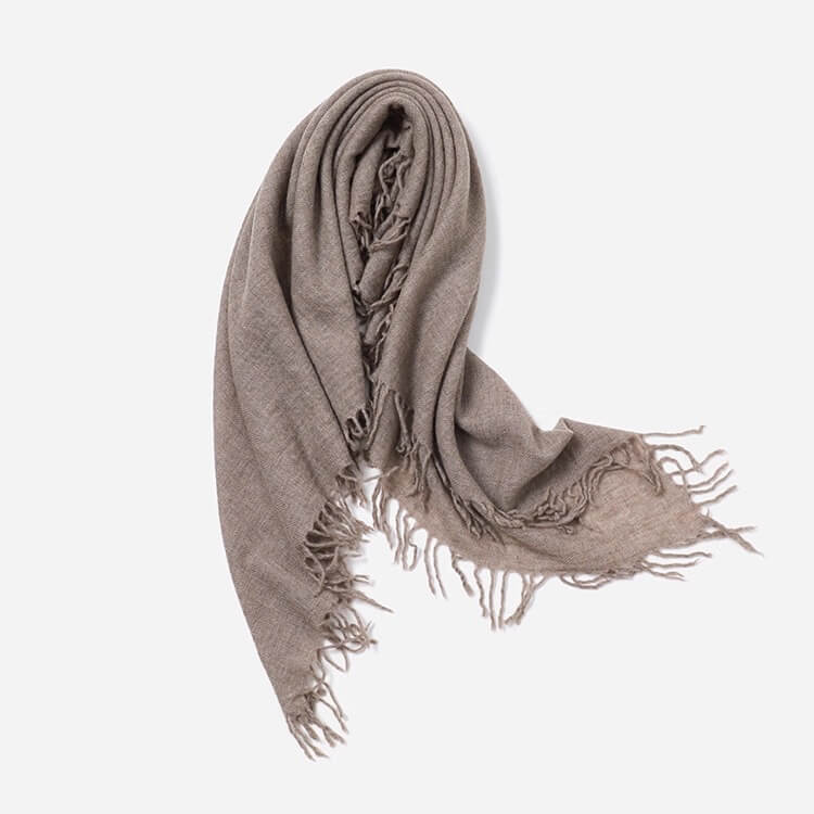 Camel color square cashmere scarf with tassel edges