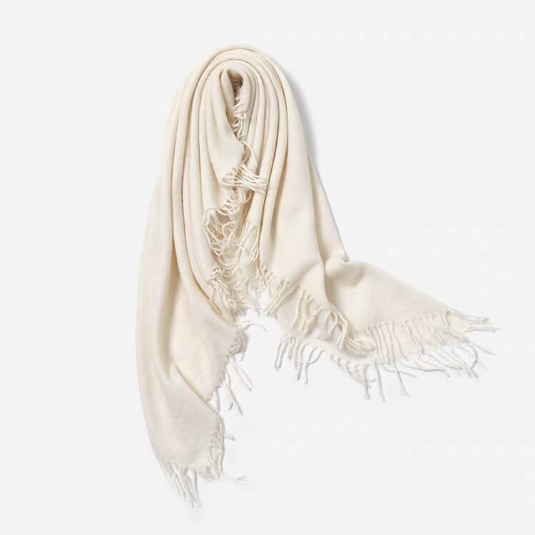 white color square cashmere scarf with tassel edges