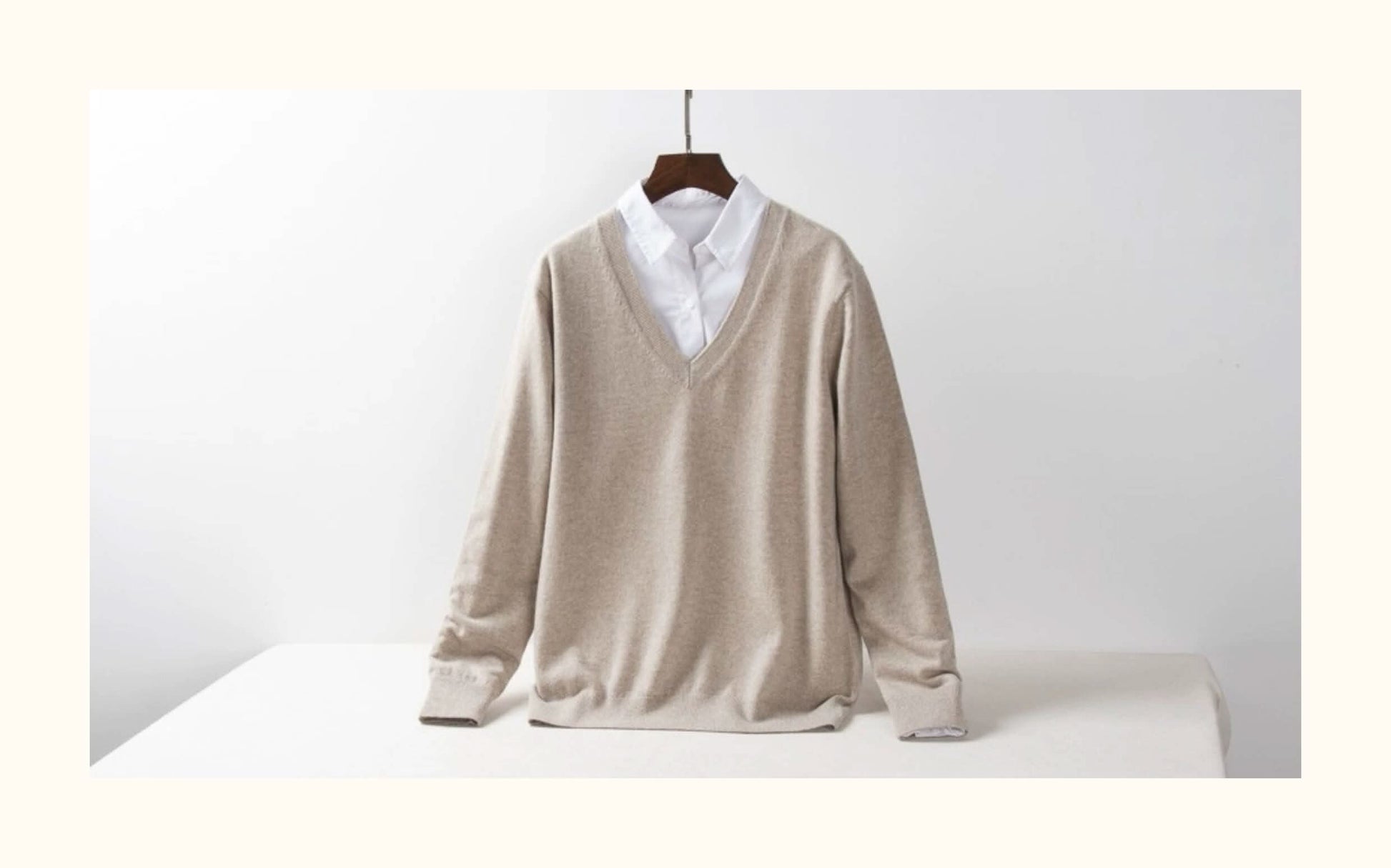 cashmere sweater v neck Women's Cashmere Wide V-Neck Sweater in beige color