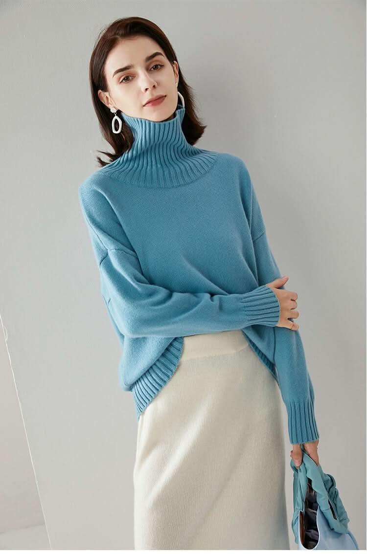 turtle neck blue Women's Cashmere Sweater Warmth, breathability, comfort, elegance pullover sweater