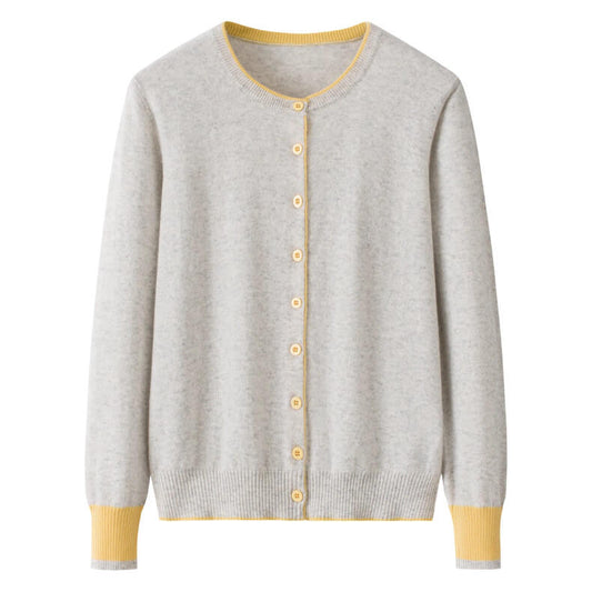 Women's 100% Cashmere Color-Block Cardigan in light grey