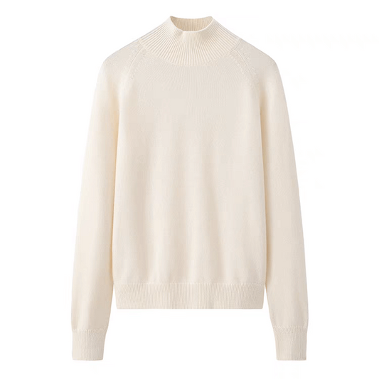 women's mock neck chunky cashmere sweater in white color, This classic sweater has been reinvented with a modern cut.