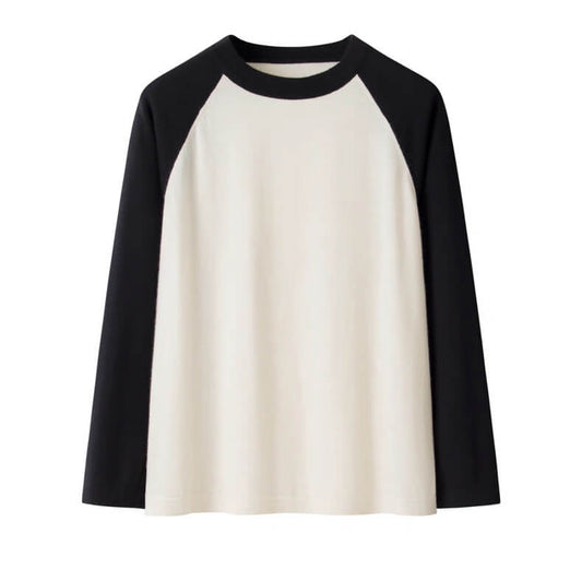 Luxurious 100% Cashmere Crewneck Sweater | Color Block Raglan Sleeves in black