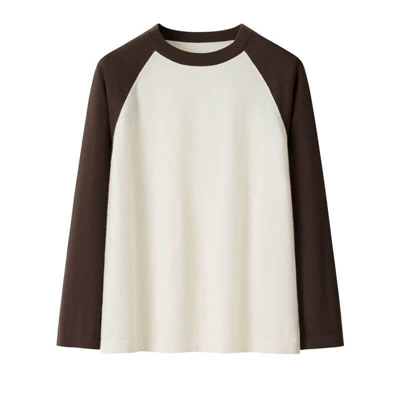 Luxurious 100% Cashmere Crewneck Sweater | Color Block Raglan Sleeves in brown