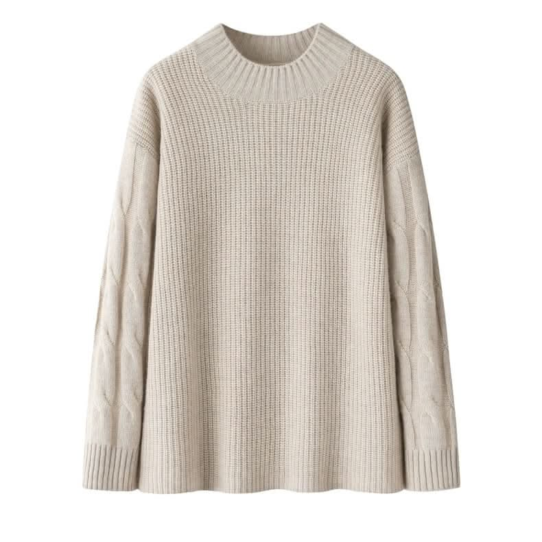 beige color cable knit pullovers cashmere sweaters for women round neck crew neck