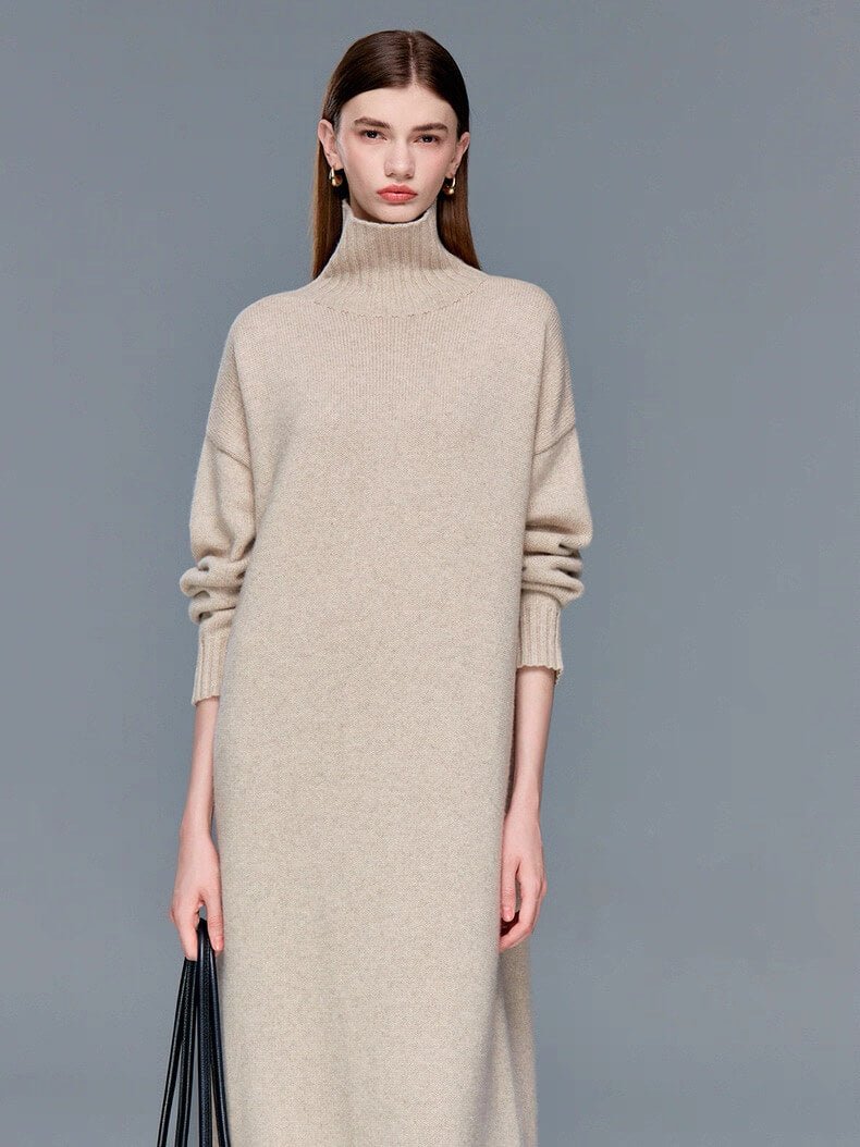 Luxury cashmere long sleeve dress with ribbed cuffs and hem