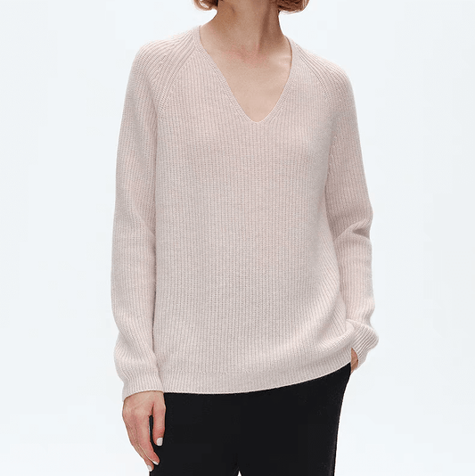 beige color women's cashmere V neck sweater