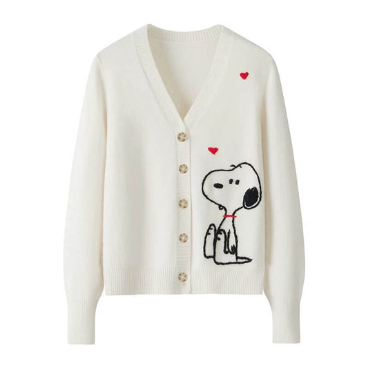 Heavyweight Women’s 100% Cashmere Cardigan with Adorable Puppy Jacquard