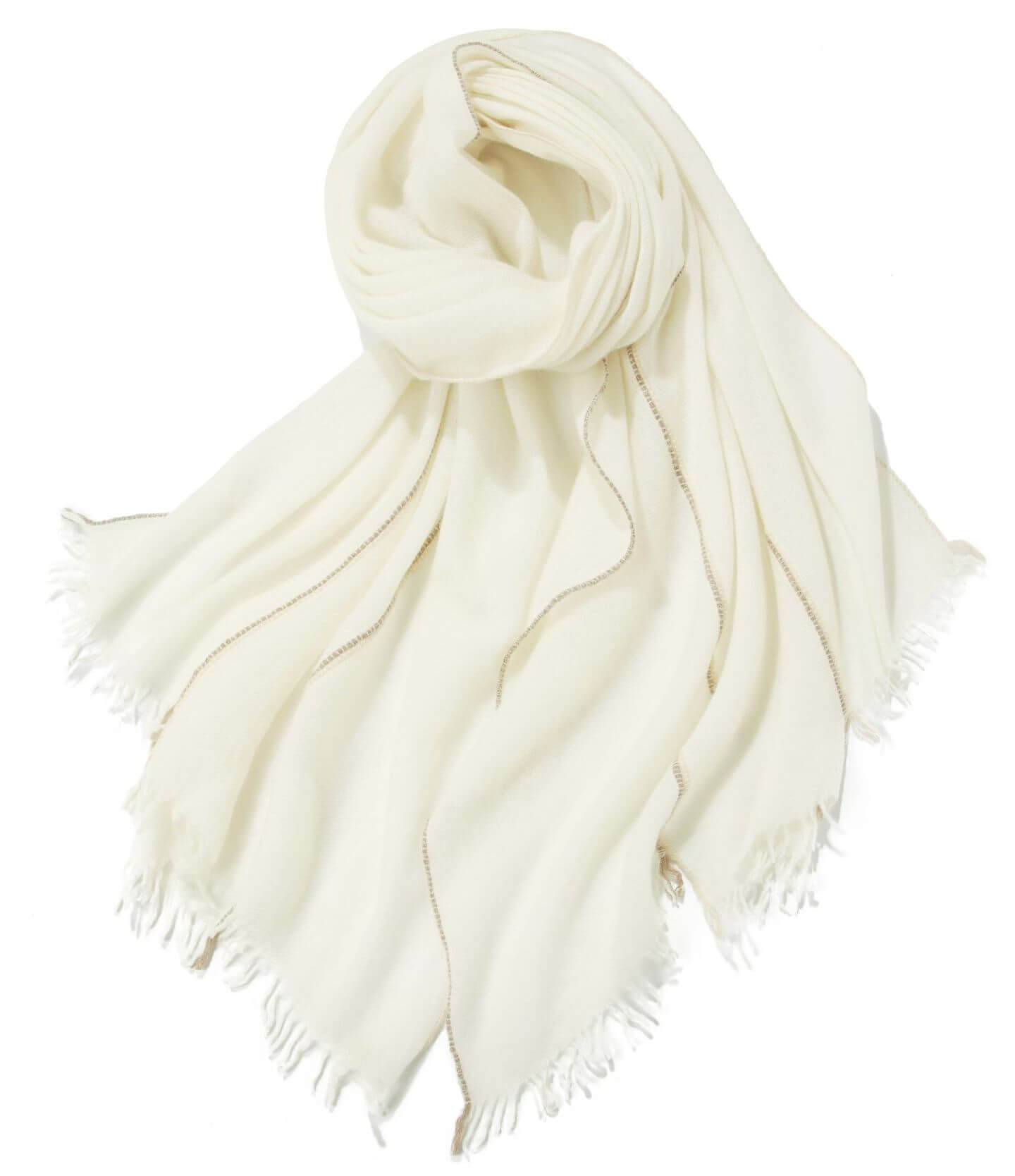 Lightweight white bridal pure cashmere scarf with a natural flowing shape