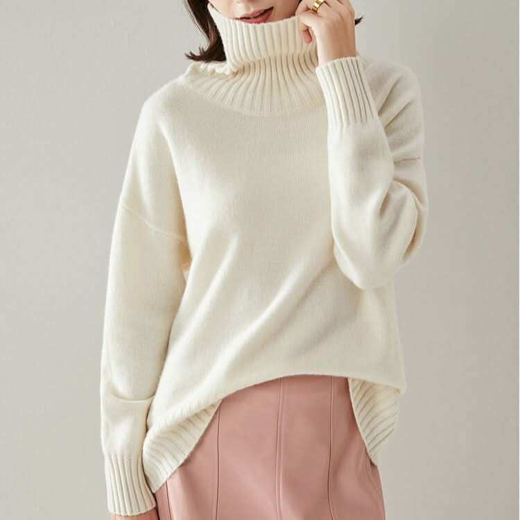 Women's Cashmere Sweater in white,Women's Maxi Cashmere Turtleneck