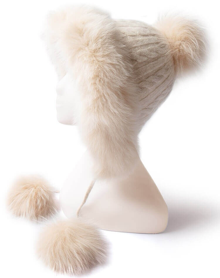 Luxury white cashmere cable knit hat with fox fur pom pom