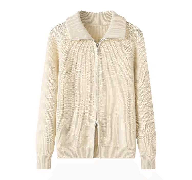 White 100% cashmere double-zip sweater with YKK zipper